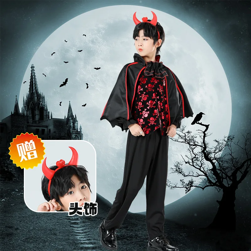 Kids Girl Vampire Devil Character Cosplay Costume Black Red Tulle Gown with Horn Accessory for Halloween Holiday Party