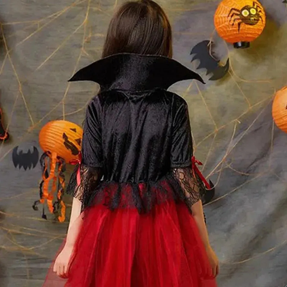 Kids Girl Vampire Devil Character Cosplay Costume Black Red Tulle Gown with Horn Accessory for Halloween Holiday Party