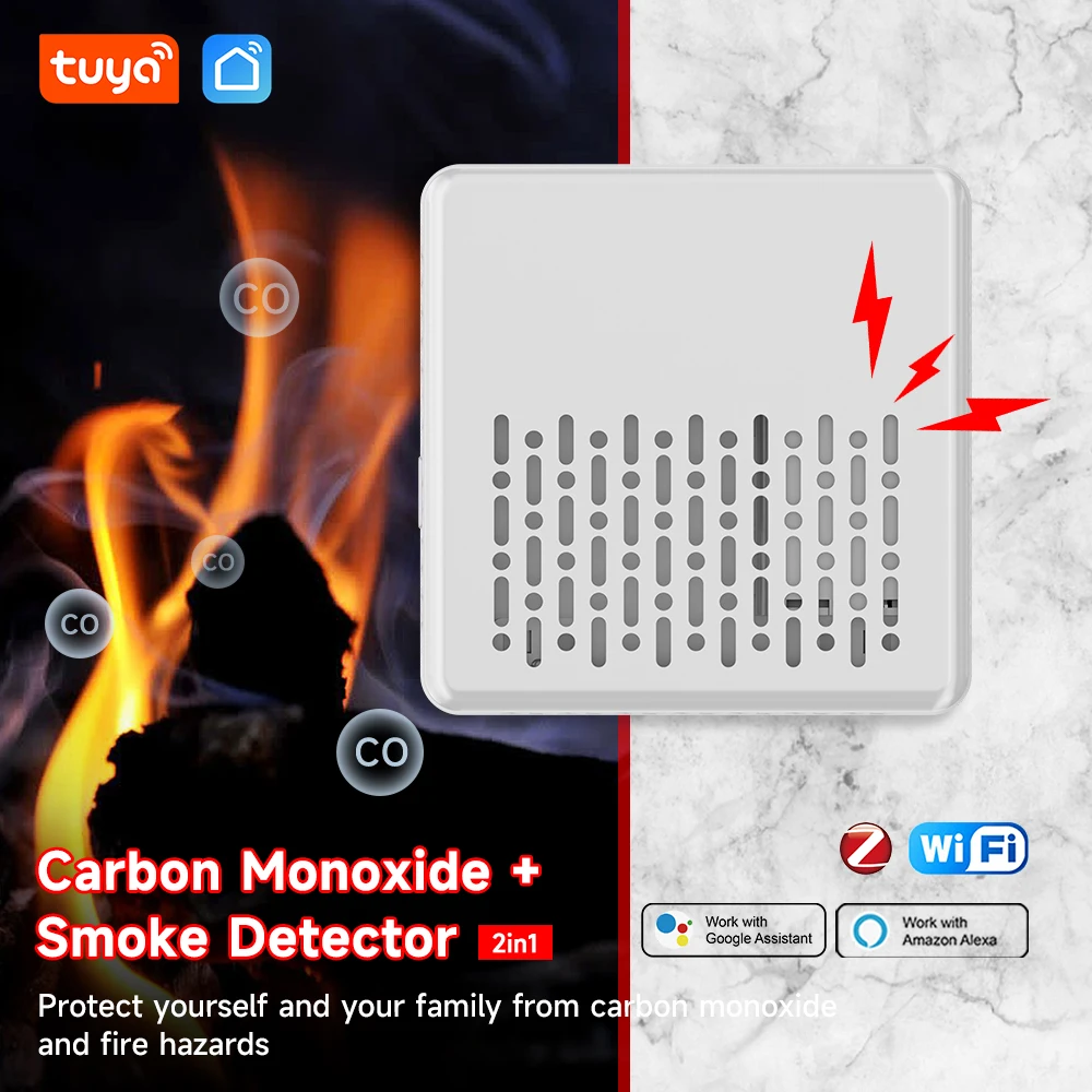 Tuya 2 In 1 ZigBee Version Smoke Fire Sound Alarm Sensor, Smart CO & Smoke Detector, Gas Detector Need Gateway