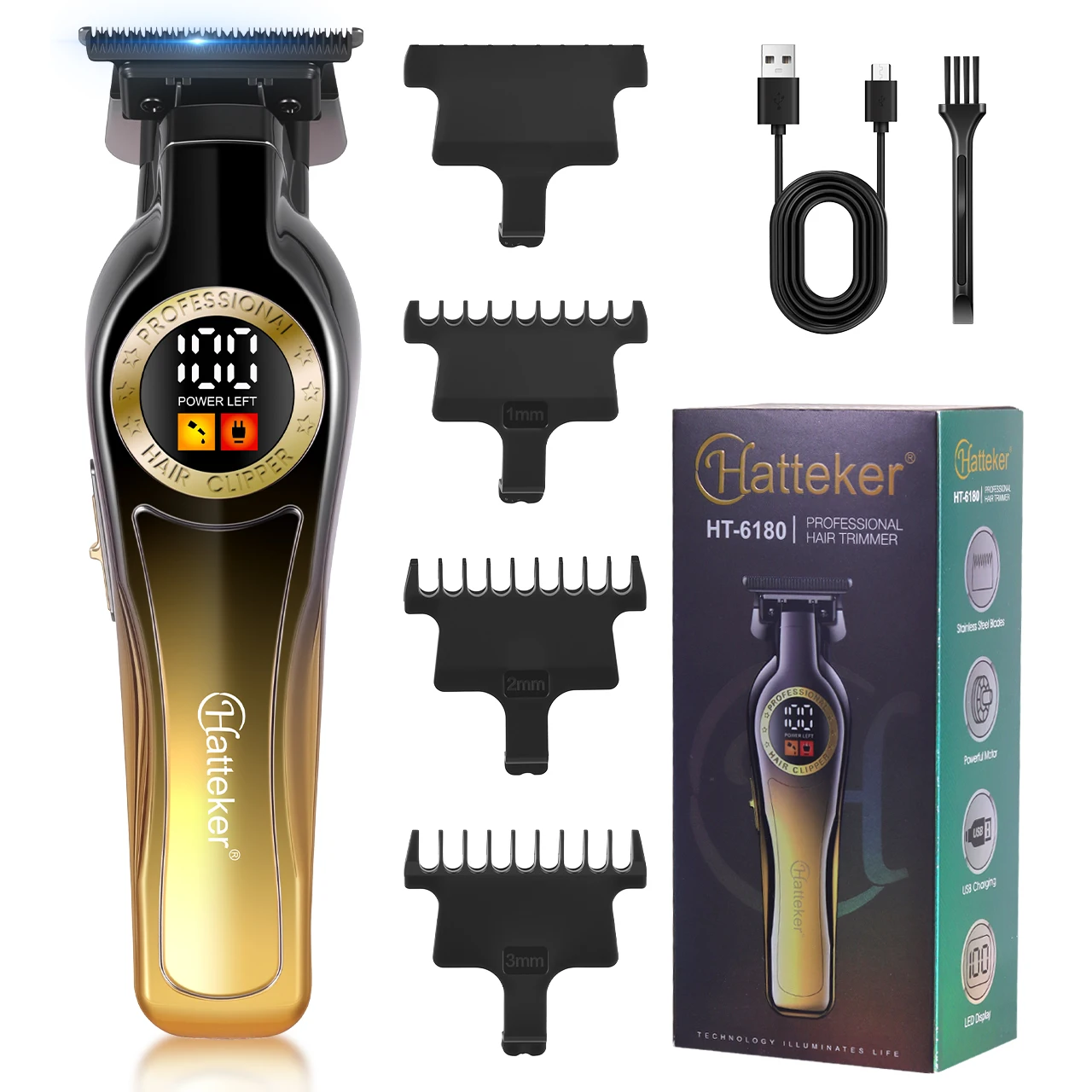 Hatteker Professional Carving Thinning Shears Men Digital Display Electric Hair Clipper Salon Pompadour Haircut Electric Trimmer