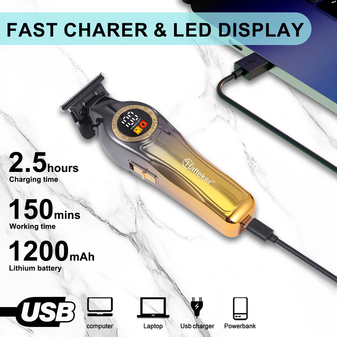 Hatteker Professional Carving Thinning Shears Men Digital Display Electric Hair Clipper Salon Pompadour Haircut Electric Trimmer