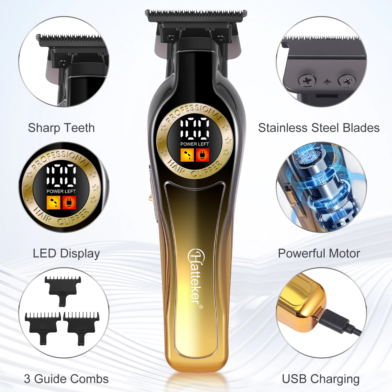 Hatteker Professional Carving Thinning Shears Men Digital Display Electric Hair Clipper Salon Pompadour Haircut Electric Trimmer