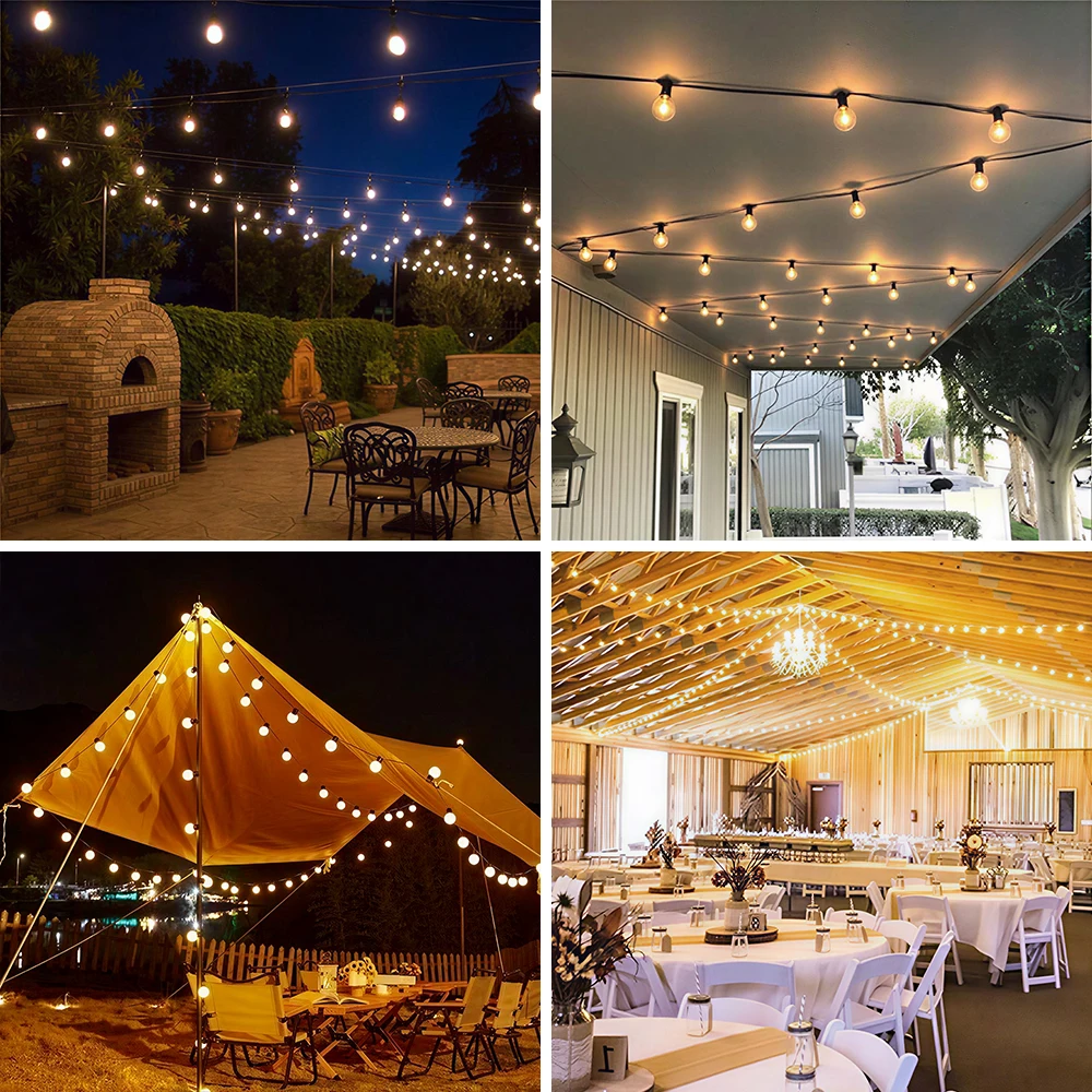 Outdoor String Lights with 24V EU Plug 8-35M/12-60 G40 Bulbs IP44 Waterproof Patio Lights Shatterproof Hanging Connectable G40 Globe LED Garland String Lights for Garden Patio Coffee Party Terrace Decor