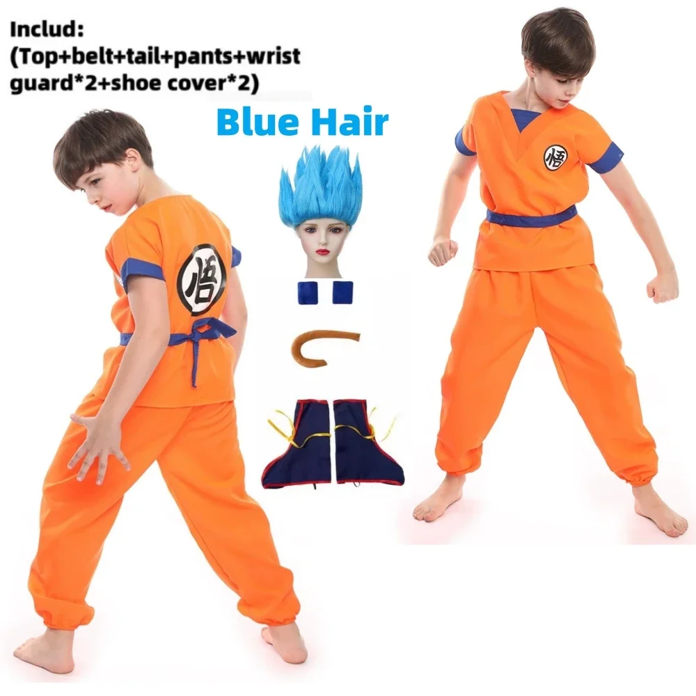 2026 Halloween Son Goku Cosplay Costume for Kids Boys Girls Bodysuit Outfit Adult Men Saiyan Training Clothes Krillin Wig Dress