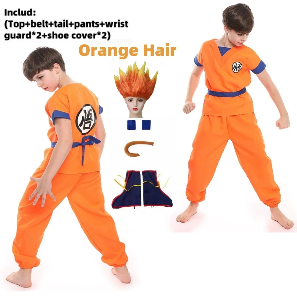 2026 Halloween Son Goku Cosplay Costume for Kids Boys Girls Bodysuit Outfit Adult Men Saiyan Training Clothes Krillin Wig Dress