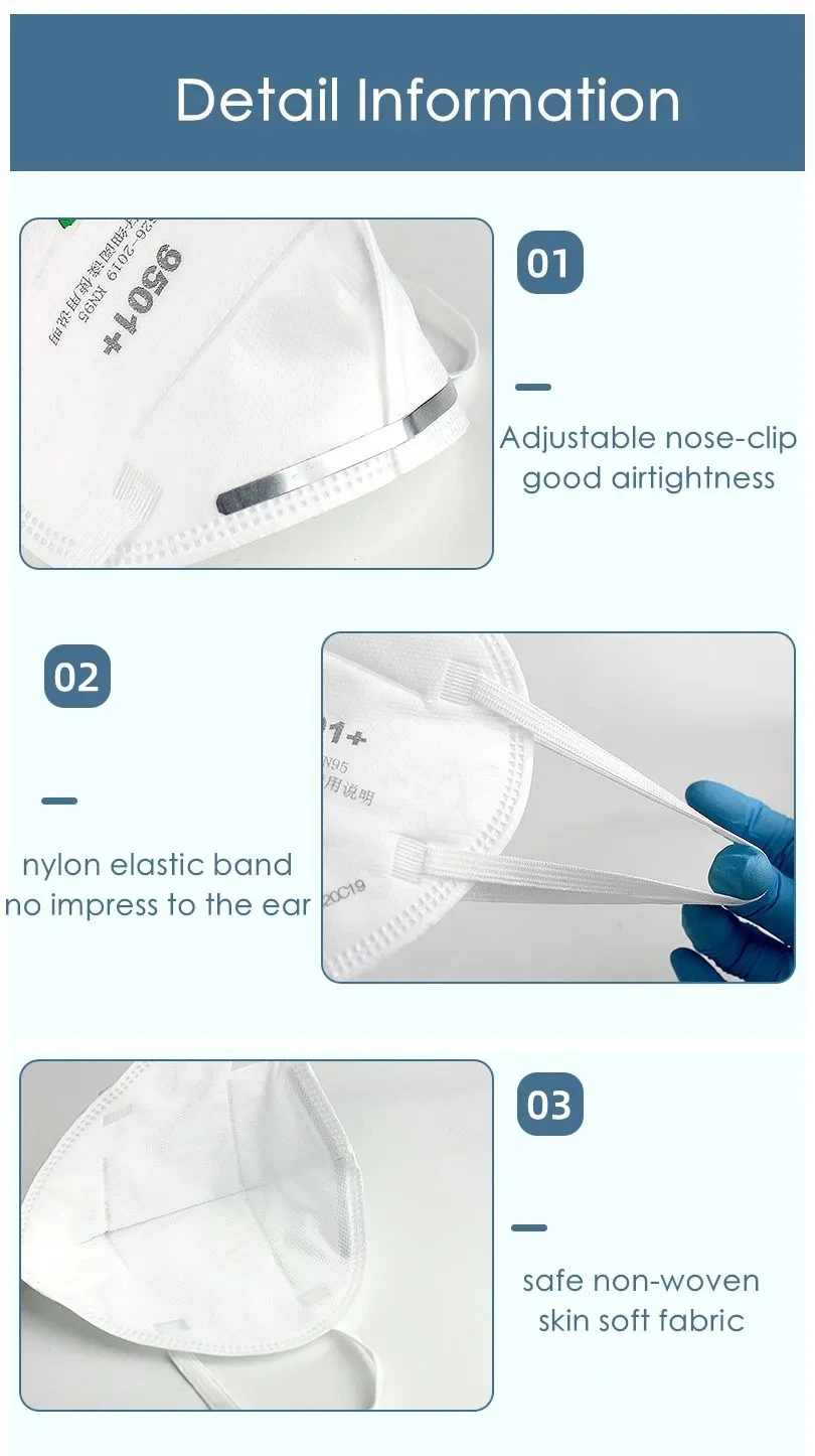 50Pcs/bag 3M KN95 Face Mask 9501+/9502+ Original Adult Reusable Earloop Headband Approved Wide Soft Band Particles Filtering 95%