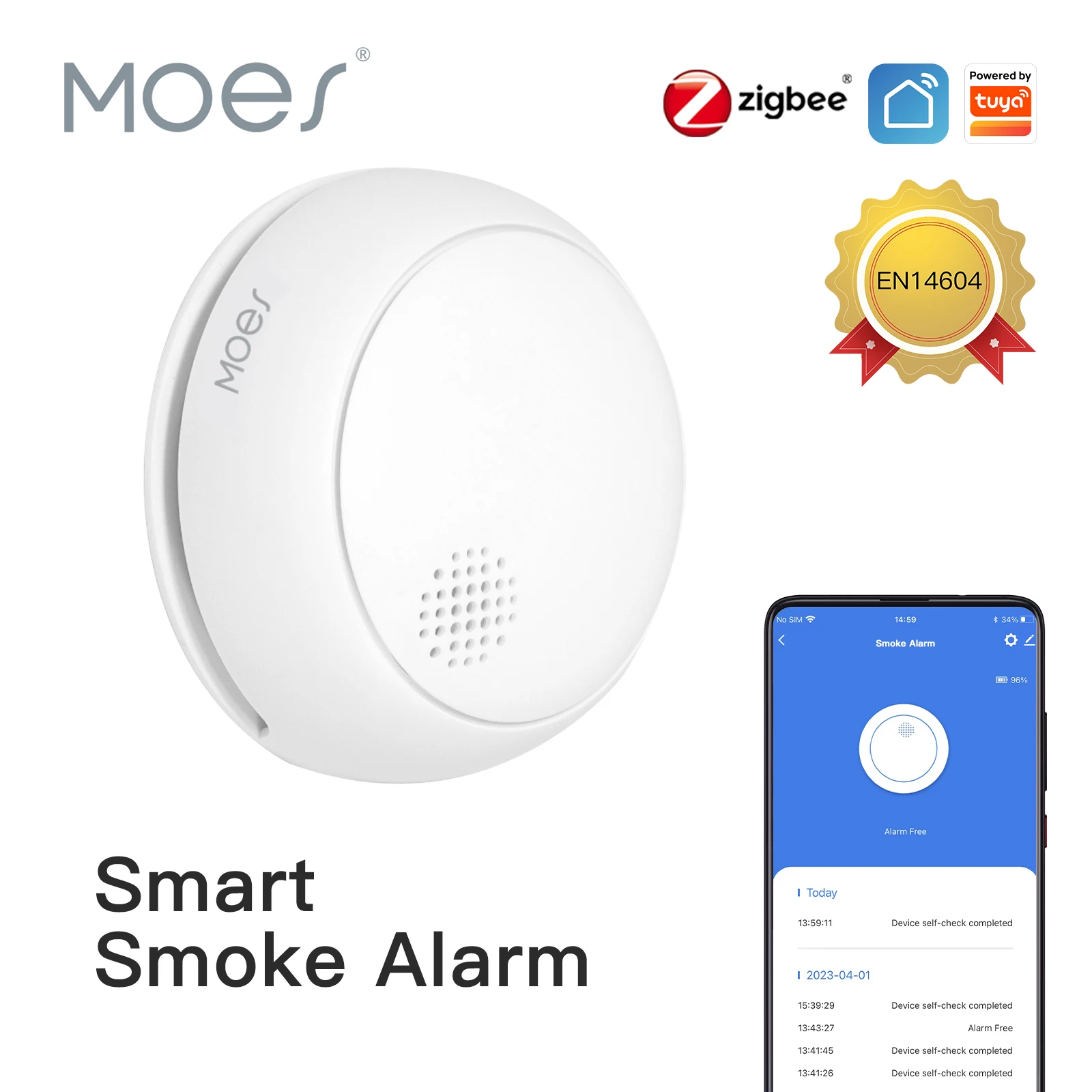 MOES ZigBee Smart Wireless Smoke Detector Fire 85dB Sound Alarm Siren Sensor Smart Safety Protection Home Kitchen Fire App Alert
