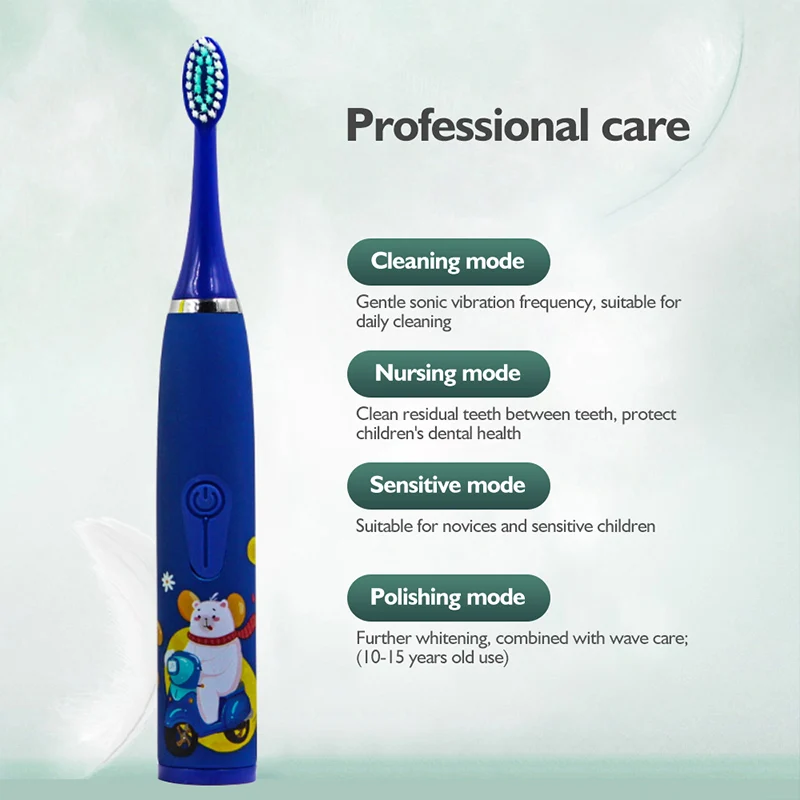Sonic Children Electric Toothbrush With 12pcs Brush Heads IPX7 Waterproof Ultrasonic Rechargeable Timer Soft Hair Cleaning Brush