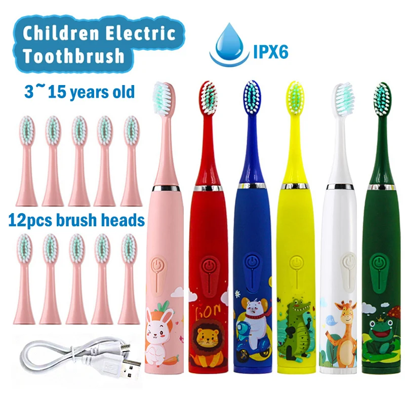 Sonic Children Electric Toothbrush With 12pcs Brush Heads IPX7 Waterproof Ultrasonic Rechargeable Timer Soft Hair Cleaning Brush