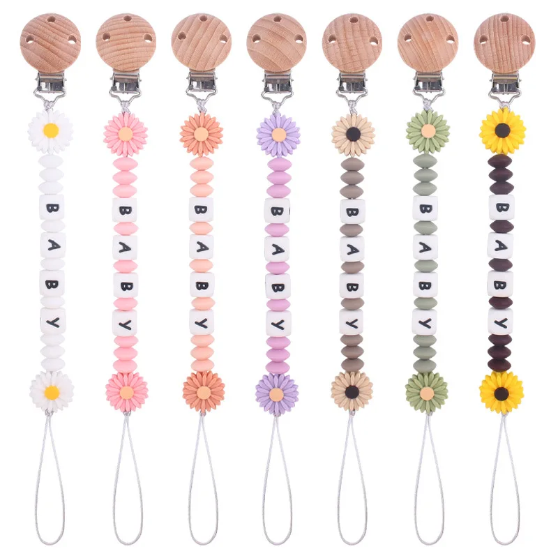 Baby Pacifiers Clips Personalized Name Flower Silicone Dummy Nipple Holder Clip Chain Teething Toy Pacifier Accessories BPA Free