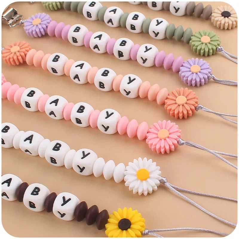 Baby Pacifiers Clips Personalized Name Flower Silicone Dummy Nipple Holder Clip Chain Teething Toy Pacifier Accessories BPA Free