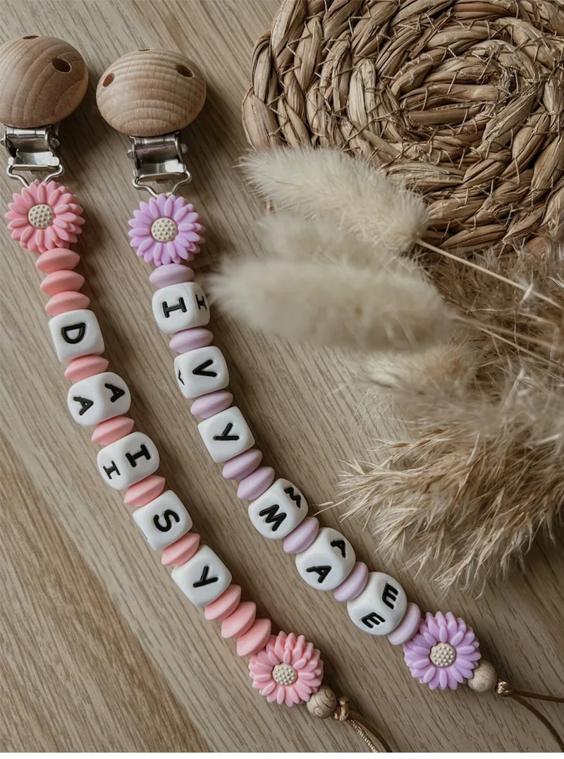 Baby Pacifiers Clips Personalized Name Flower Silicone Dummy Nipple Holder Clip Chain Teething Toy Pacifier Accessories BPA Free