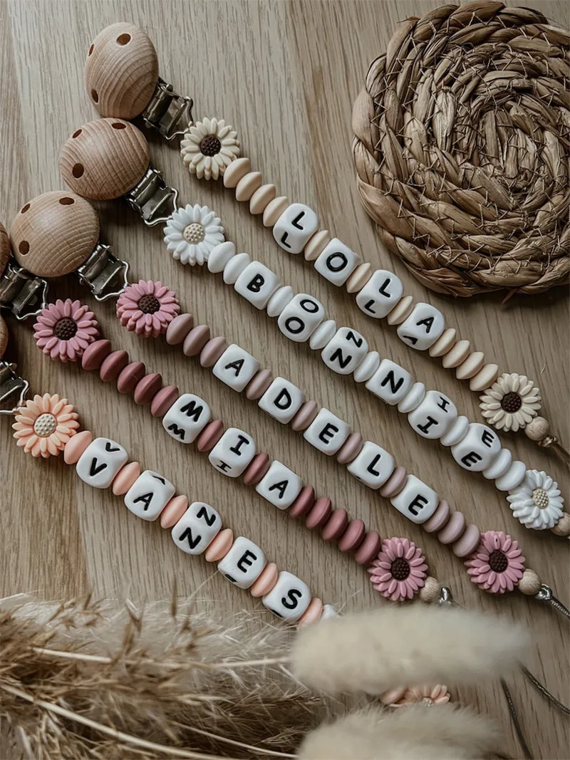 Baby Pacifiers Clips Personalized Name Flower Silicone Dummy Nipple Holder Clip Chain Teething Toy Pacifier Accessories BPA Free