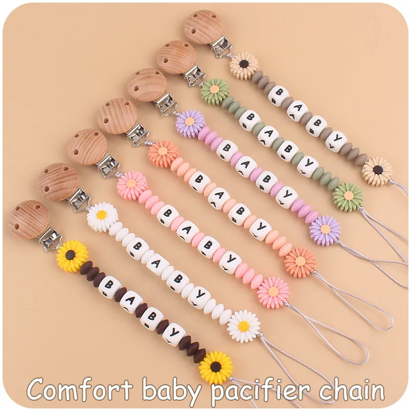 Baby Pacifiers Clips Personalized Name Flower Silicone Dummy Nipple Holder Clip Chain Teething Toy Pacifier Accessories BPA Free