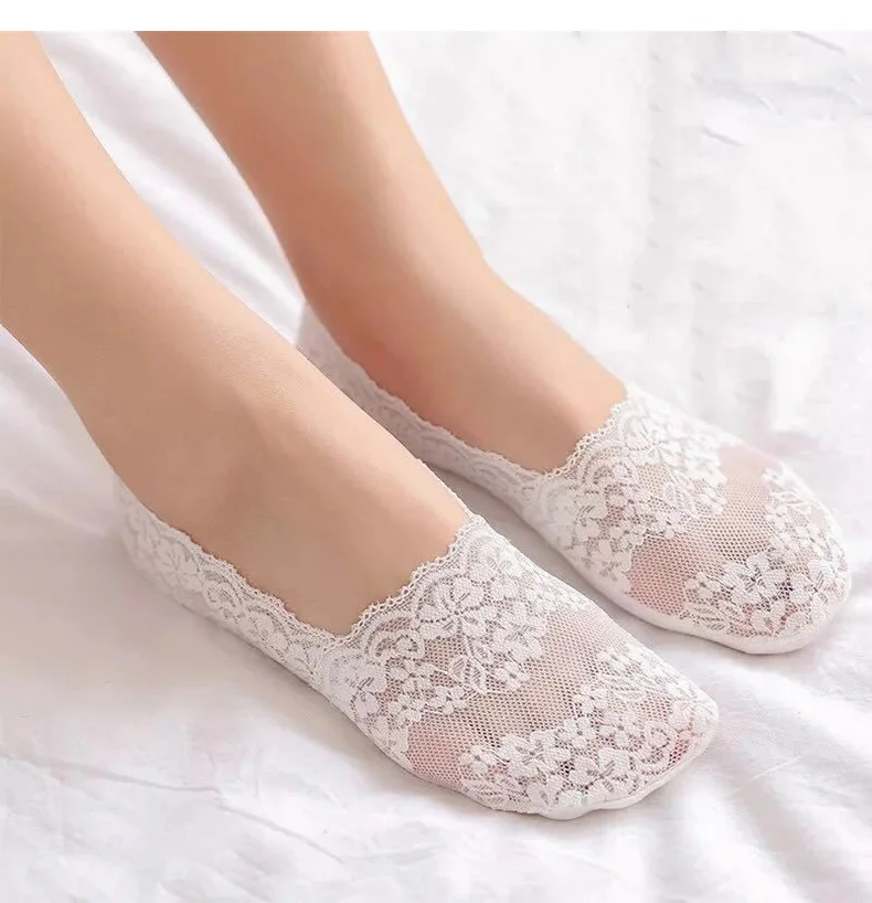 5 Pairs Socks Women's Lace Invisible Short No-Show Ankle Foot Summer Cotton Transparent White Low Cut Boat Sock