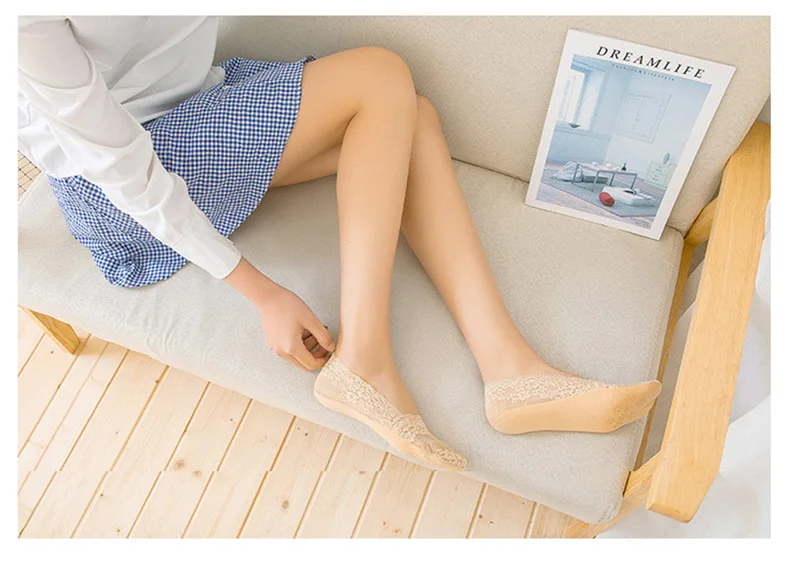 5 Pairs Socks Women's Lace Invisible Short No-Show Ankle Foot Summer Cotton Transparent White Low Cut Boat Sock