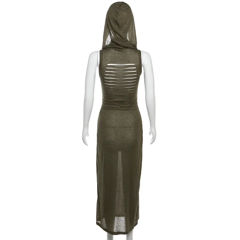 Goth Dark Cyber Gothic Desert Walker Hooded Dresses Y2k Punk Grunge Hollow Out Midi Dress Women Sexy Split Side Solid Streetwear