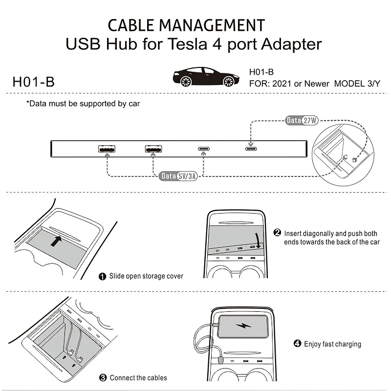 2Hole 4 Hole USB Adapter Shunt Hub for Tesla Model 3 Model Y 2021 2022 2023 High Fit Charging Cable Manager OEM Car Accessories