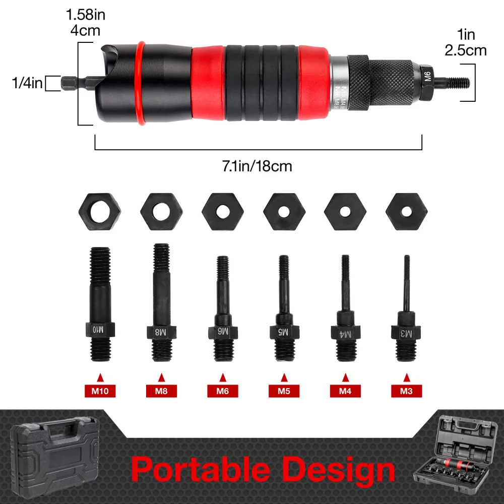 M3 M4 M5 M6 M8 M10 Home Rivet Nut Gun Converter Kit Removable DIY Nut Insert Nut Riveting Tool Cordless Electric Riveting Tool