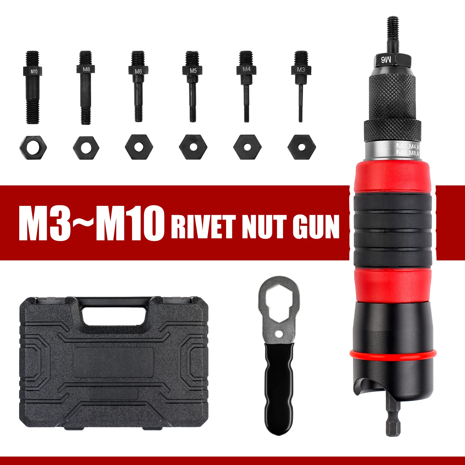 M3 M4 M5 M6 M8 M10 Home Rivet Nut Gun Converter Kit Removable DIY Nut Insert Nut Riveting Tool Cordless Electric Riveting Tool