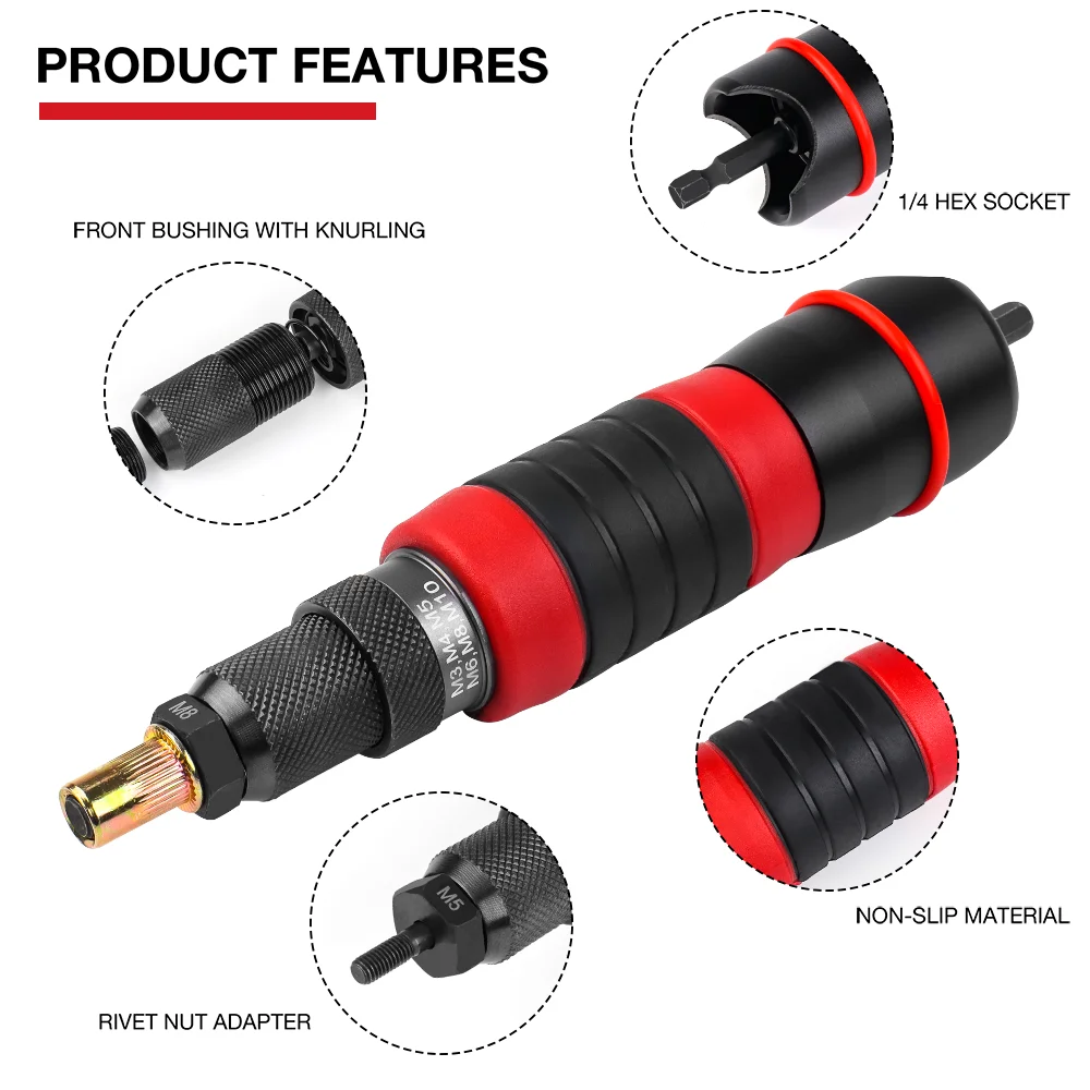 M3 M4 M5 M6 M8 M10 Home Rivet Nut Gun Converter Kit Removable DIY Nut Insert Nut Riveting Tool Cordless Electric Riveting Tool