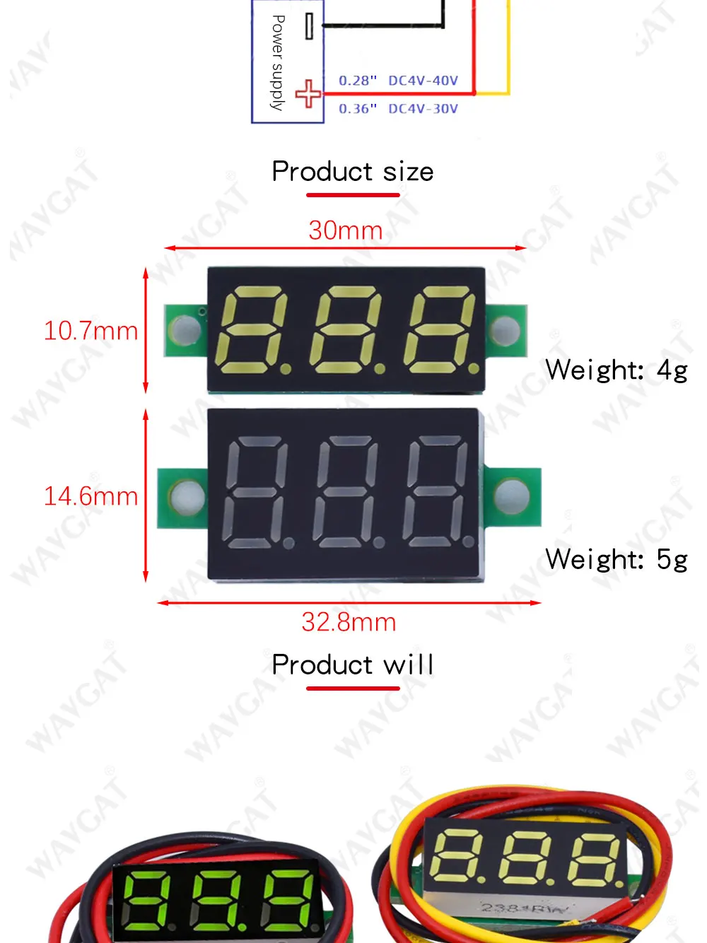 0.36 Inch 0.36" Digital Voltmeter Red Green Blue DC 0V-100V Three Lines 3 digit Voltage Panel Meter Display led Color