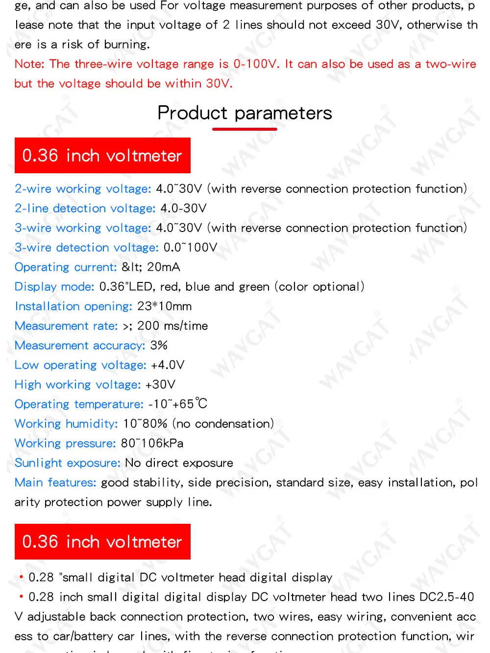 0.36 Inch 0.36" Digital Voltmeter Red Green Blue DC 0V-100V Three Lines 3 digit Voltage Panel Meter Display led Color