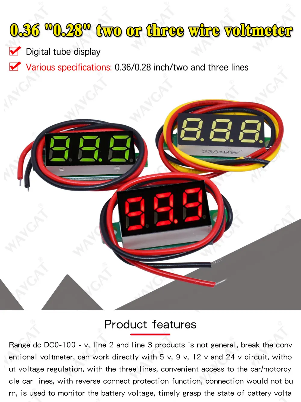 0.36 Inch 0.36" Digital Voltmeter Red Green Blue DC 0V-100V Three Lines 3 digit Voltage Panel Meter Display led Color