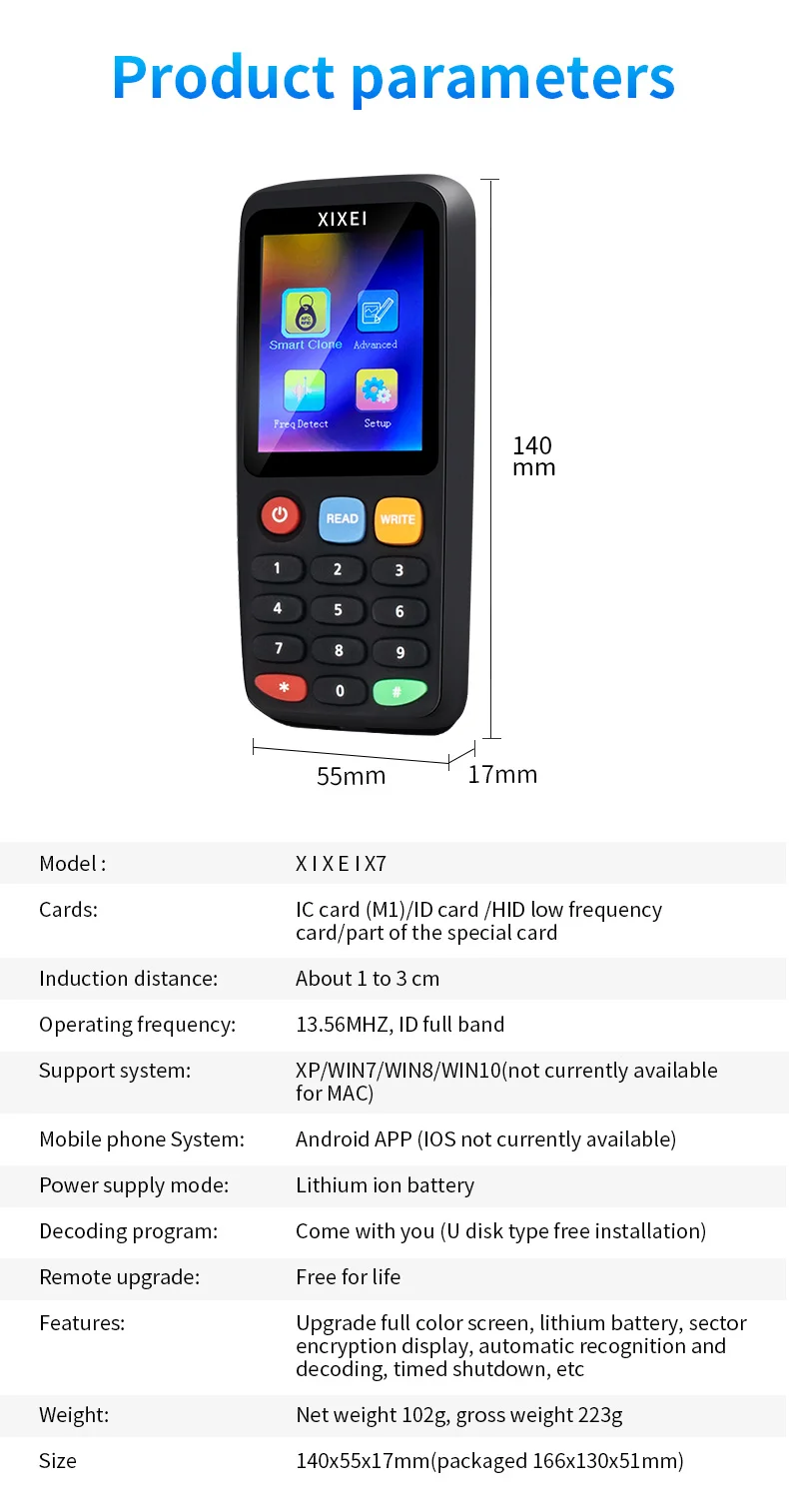 X7 Smart Card Reader RFID Key Clone Copier IC ID Token Copy Duplicator 125Khz Badge Writer 13.56Mhz NFC Tag Programmer