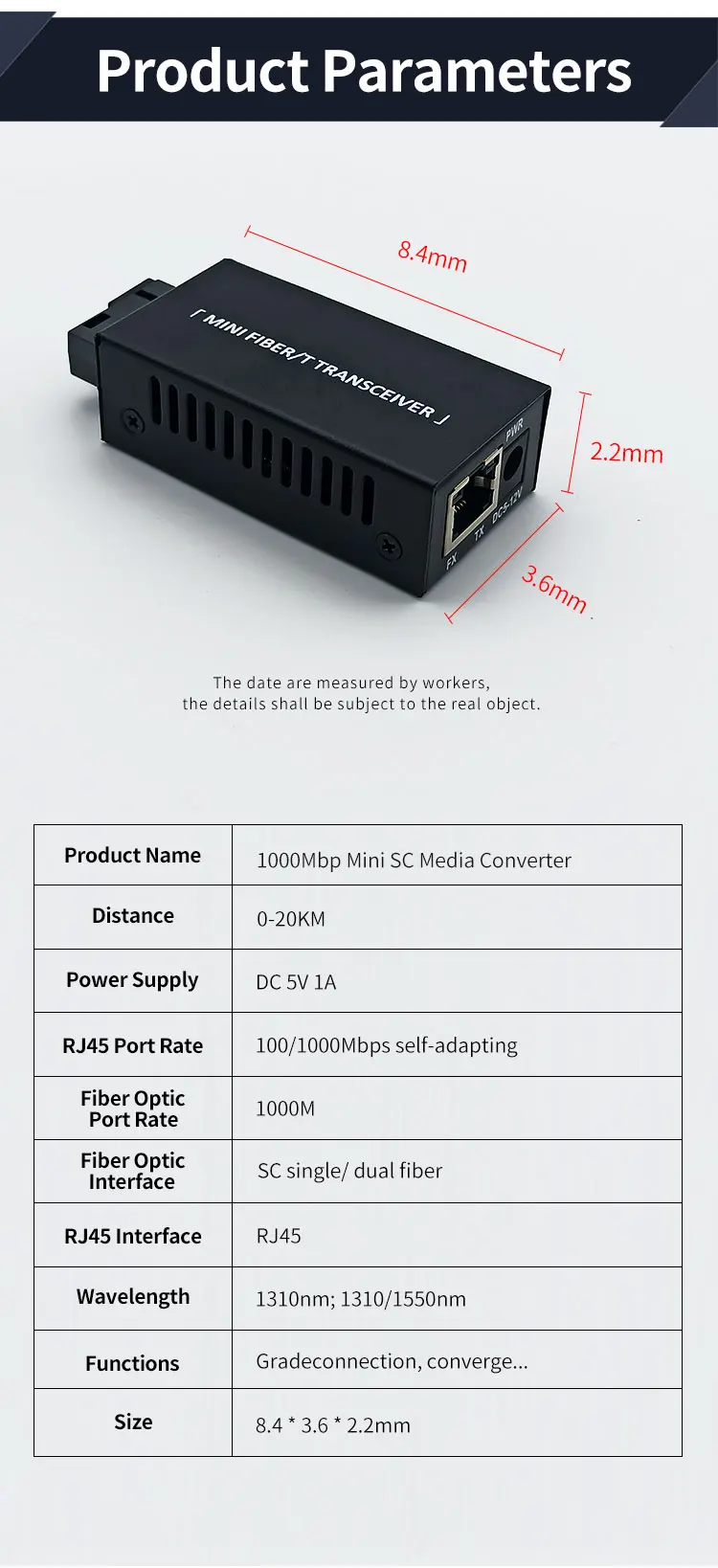 1 Pair Gigabit 100/1000M A/B SC Ethernet Fiber Switch Media Converter Rj45 Optic Transceiver 20KM fibra Switch with Power Supply