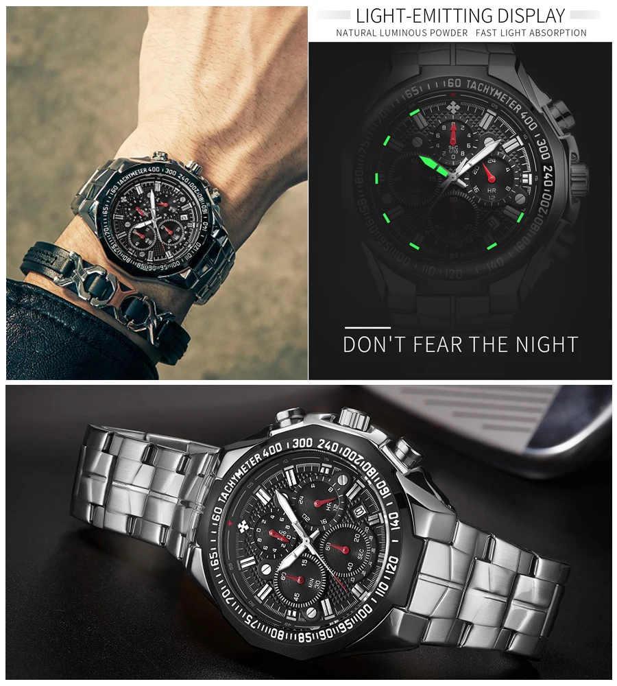 WWOOR Top Brand Luxury Sport Watch For Men Quartz Chronograph Date Luminous Black Full Steel Wrist Watch Male Clock Reloj Hombre