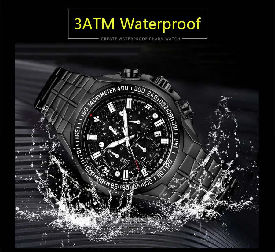 WWOOR Top Brand Luxury Sport Watch For Men Quartz Chronograph Date Luminous Black Full Steel Wrist Watch Male Clock Reloj Hombre