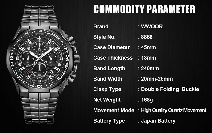 WWOOR Top Brand Luxury Sport Watch For Men Quartz Chronograph Date Luminous Black Full Steel Wrist Watch Male Clock Reloj Hombre