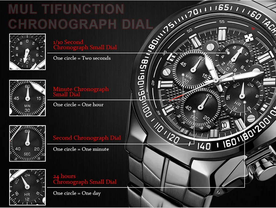 WWOOR Top Brand Luxury Sport Watch For Men Quartz Chronograph Date Luminous Black Full Steel Wrist Watch Male Clock Reloj Hombre