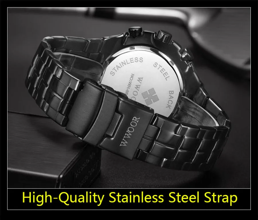 WWOOR Top Brand Luxury Sport Watch For Men Quartz Chronograph Date Luminous Black Full Steel Wrist Watch Male Clock Reloj Hombre
