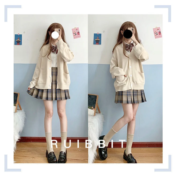 Japanese School Basic Sweaters Women Autumn Kawaii Solid V-neck Loose Knitted Cardigan Preppy Style Uniform Cosplay