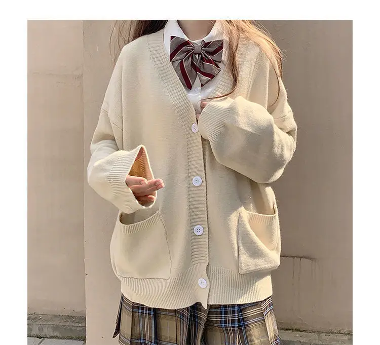 Japanese School Basic Sweaters Women Autumn Kawaii Solid V-neck Loose Knitted Cardigan Preppy Style Uniform Cosplay