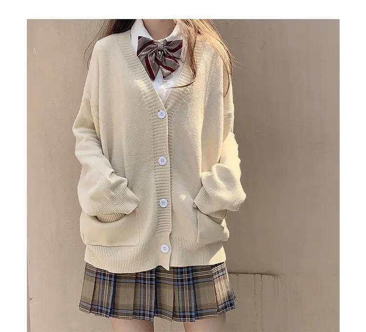 Japanese School Basic Sweaters Women Autumn Kawaii Solid V-neck Loose Knitted Cardigan Preppy Style Uniform Cosplay