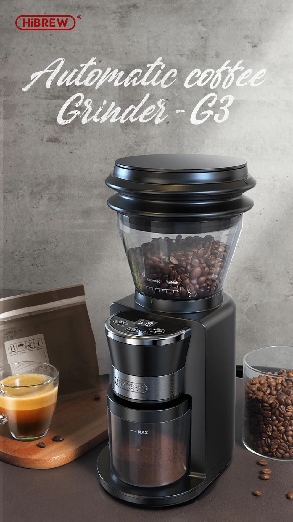 HiBREW Coffee Mill Automatic Electric Coffee Grinder with 31 Gears for Espresso American Coffee Pour Over Visual Bean Storage G3