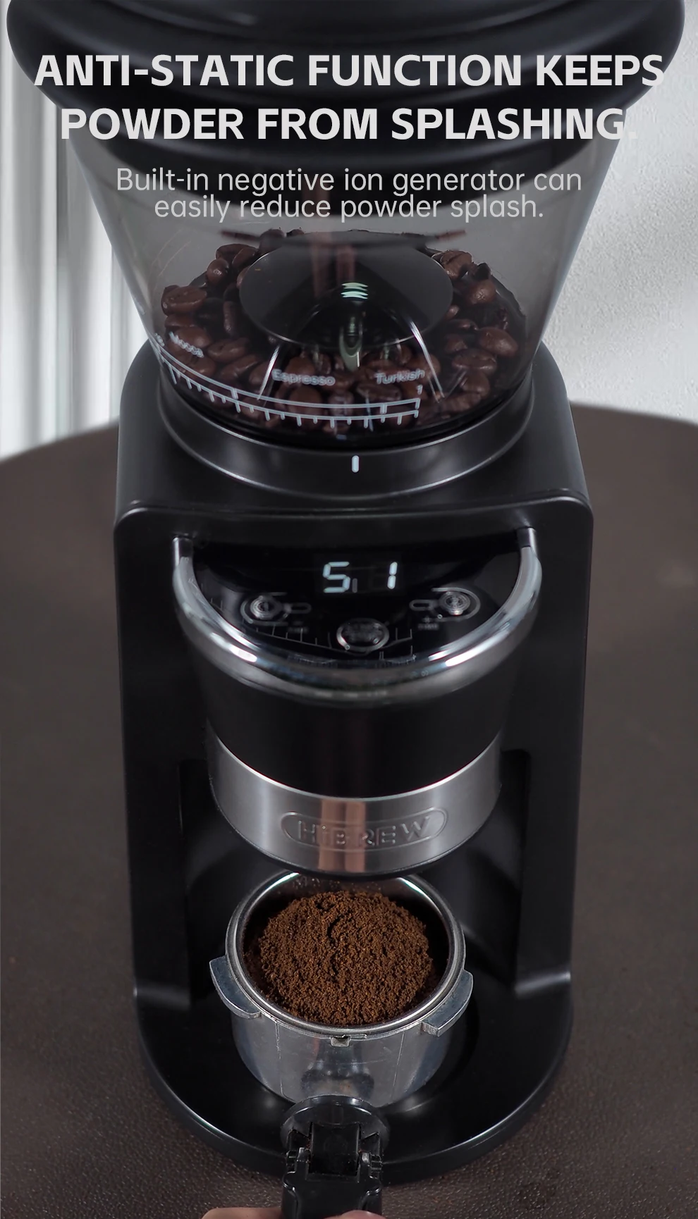 HiBREW Coffee Mill Automatic Electric Coffee Grinder with 31 Gears for Espresso American Coffee Pour Over Visual Bean Storage G3