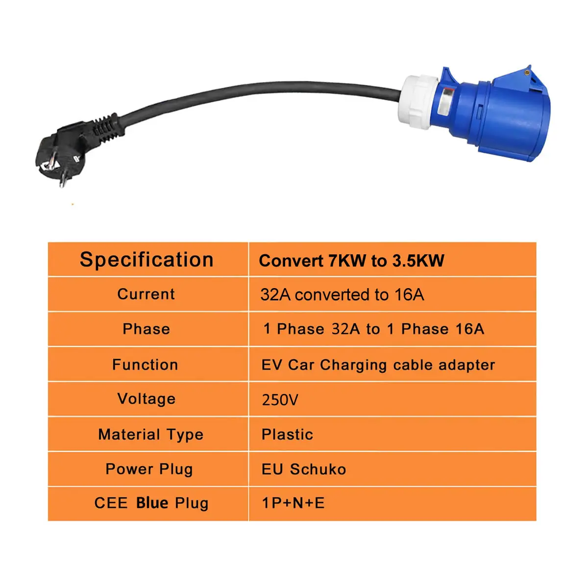32A Blue CEE Socket to 16A EU Schuko Plug Adapter 7KW to 3.5KW Electric Vehicle Charging Adapter For EV Charger Portable