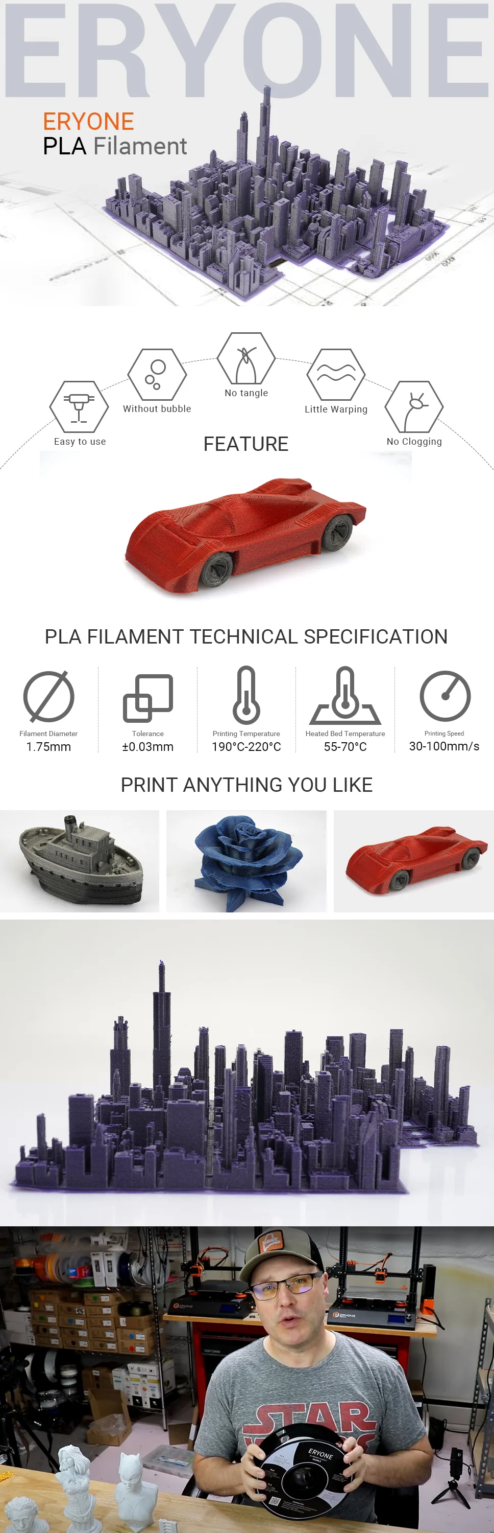 ERYONE 10KG Standard PLA Premium Filament 1.75mm 3D Print, Multicolor Available,Big Sale 1kg PLA Filament,1kg/spool