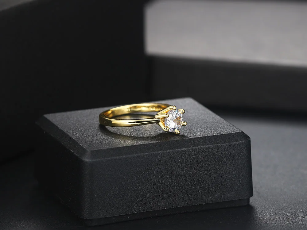 Classic 1 Carat Crystal Wedding Ring For Women Zirconia Gold Color Engagement Anniversary Proposal Marriage Ring Jewelry R174