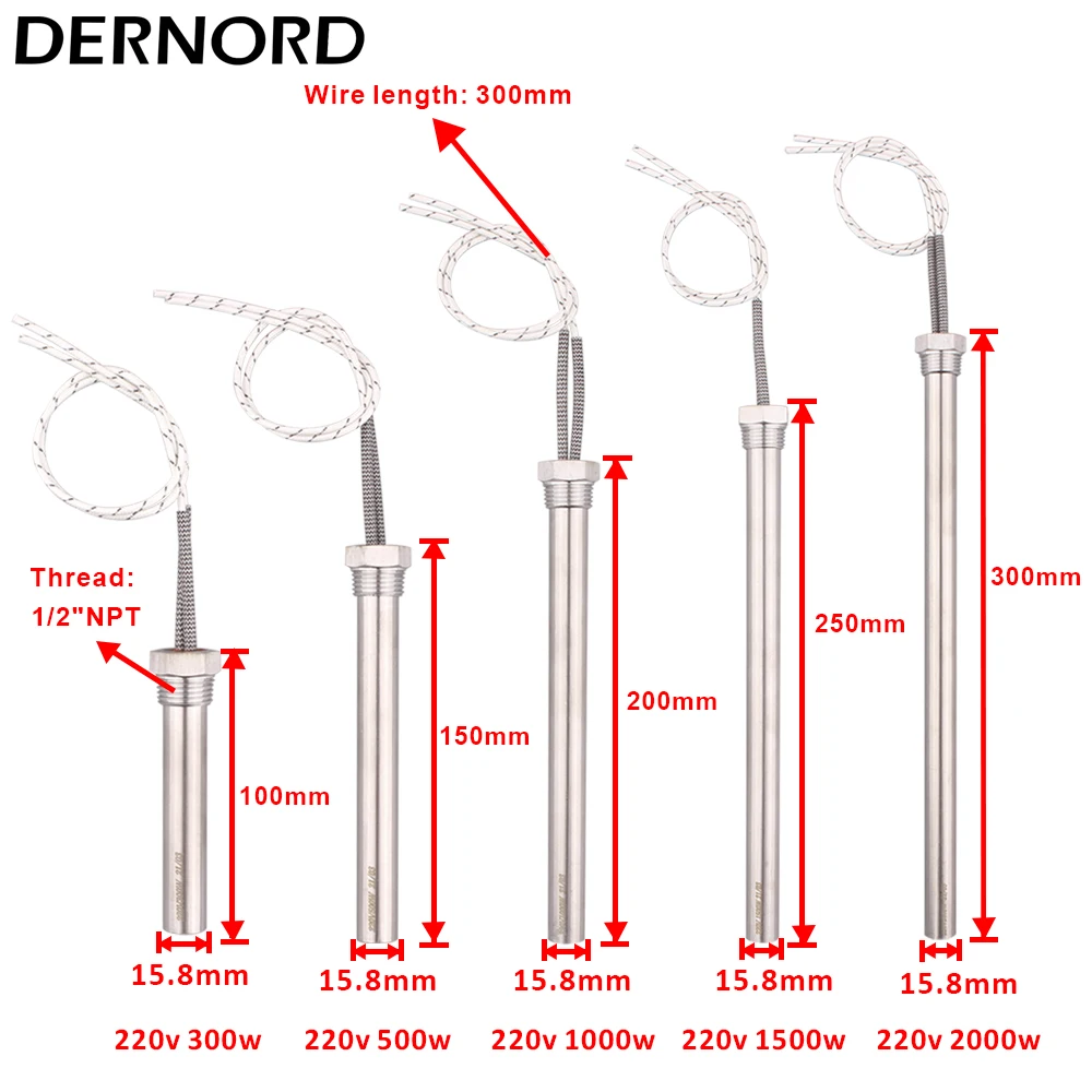 Immersion Cartridge Heater 1/2" Thread Cylindrical Hot Rod Resistance 220V 300W 500W 1KW/1.5/2KW Electric Water Heating Element