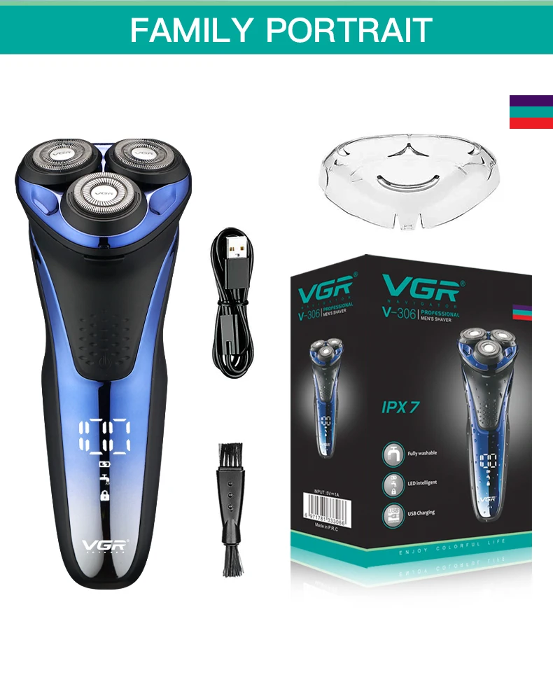 VGR Shaver Electric Razor Professional Shaving Machine Floating Beard Trimmer IPX7 Waterproof Rechargeable Shaver for Men V-306