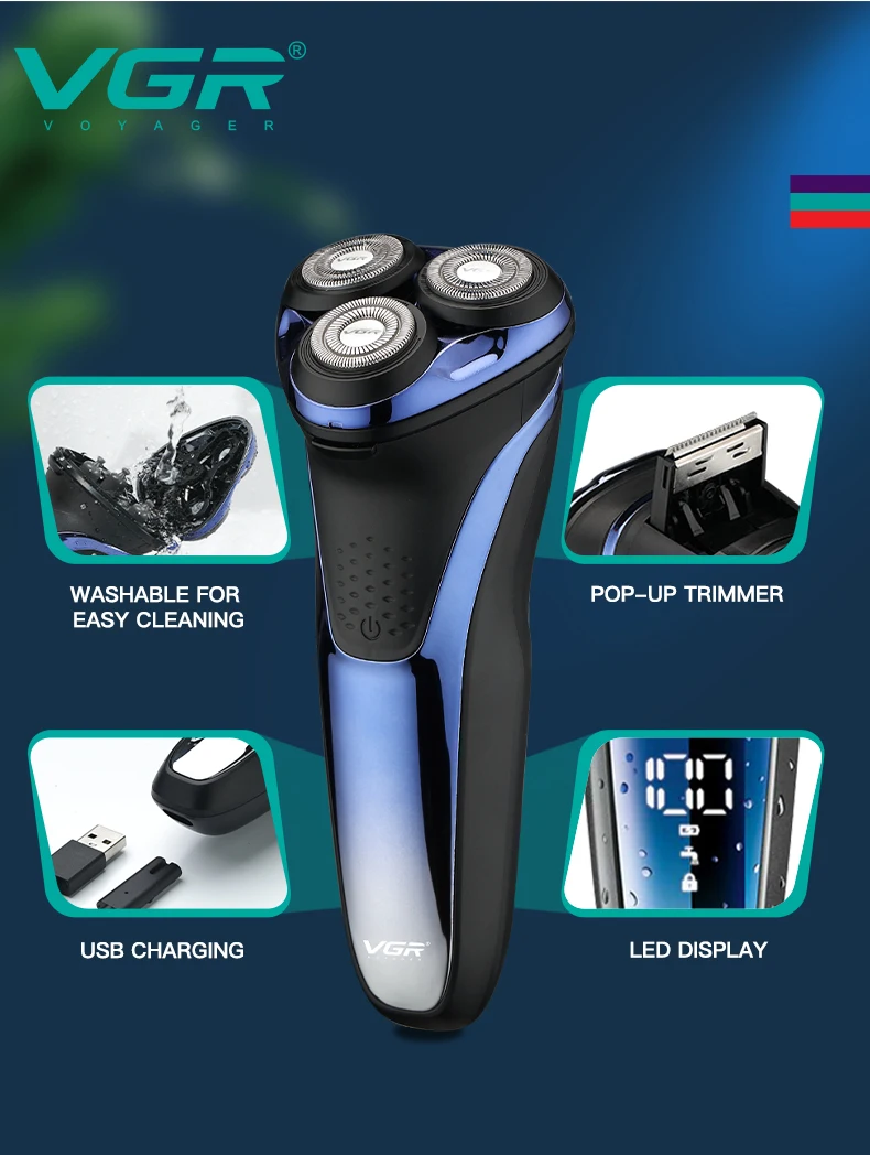 VGR Shaver Electric Razor Professional Shaving Machine Floating Beard Trimmer IPX7 Waterproof Rechargeable Shaver for Men V-306