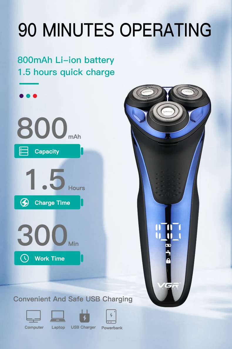 VGR Shaver Electric Razor Professional Shaving Machine Floating Beard Trimmer IPX7 Waterproof Rechargeable Shaver for Men V-306