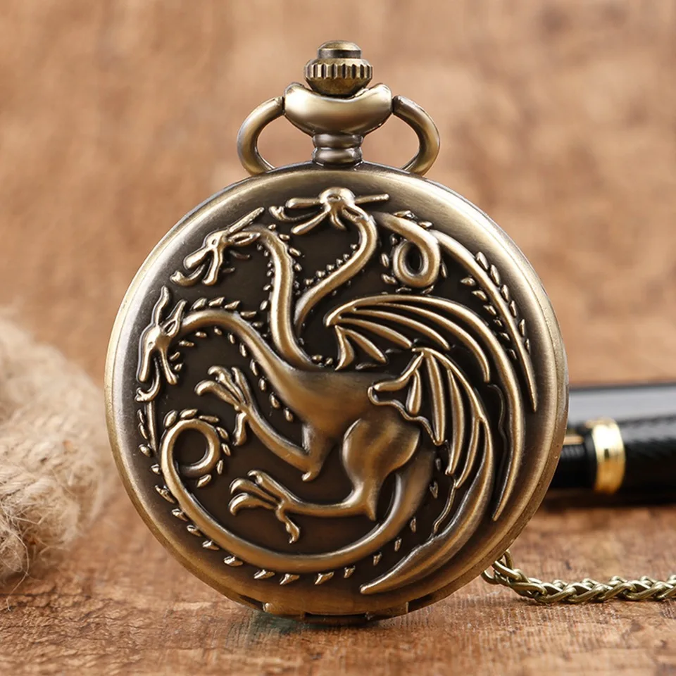 Three-headed Dragon Quartz pocket Watch Vintage Bronze Fire Monster necklace Vintage antique watch