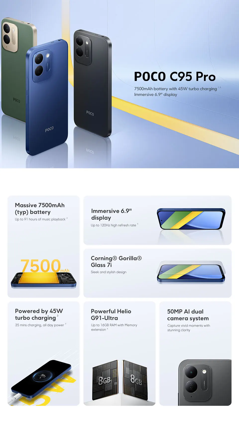 Newest POCO C95 Pro Smartphone Global Version 7500mAh Battery 45W Charging 6.9" 120Hz display Helio G91-Ultra 50MP Camera NFC