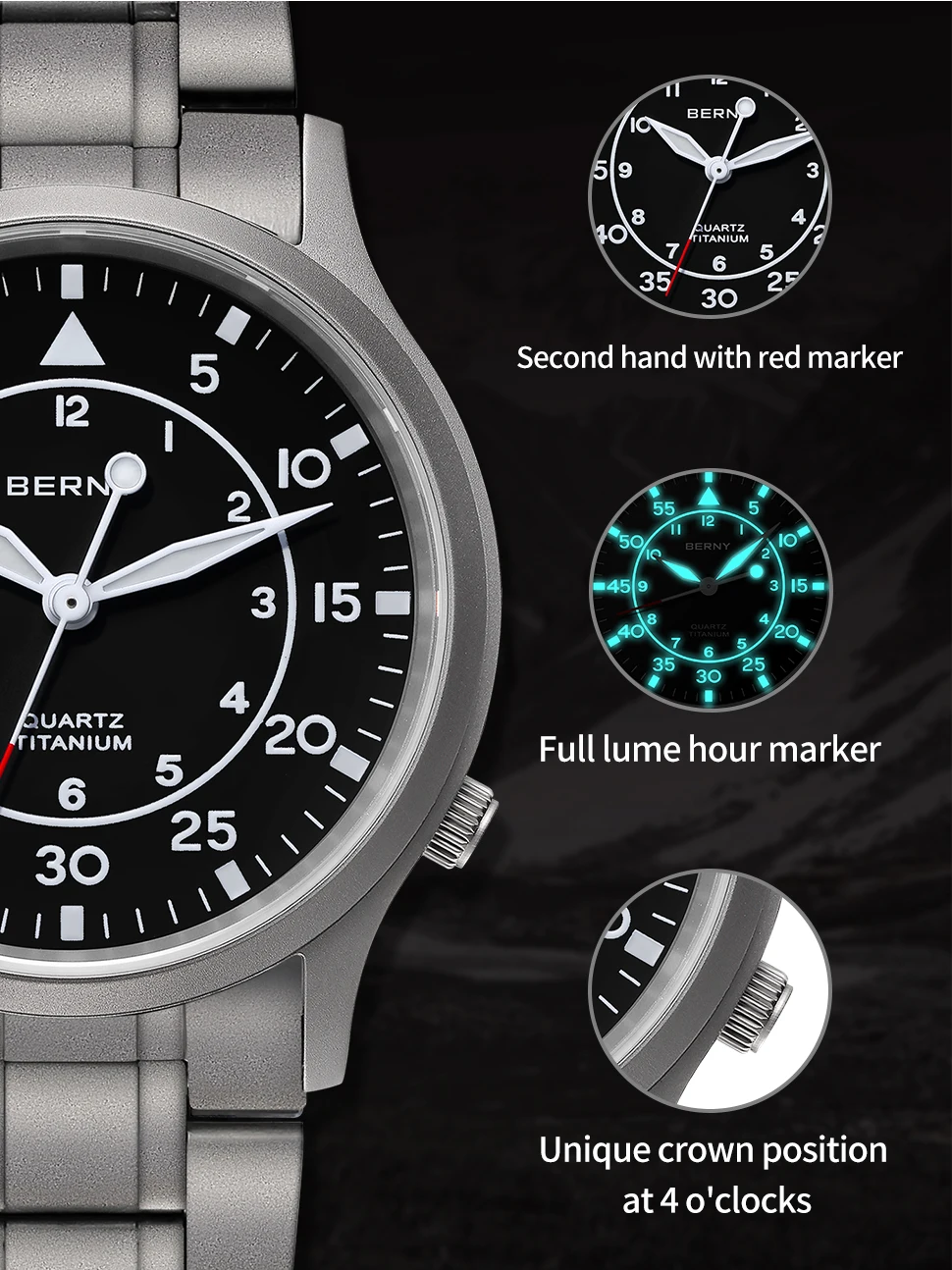 BERNY Full Titanium Watch For Men AR Coating Sapphire Fashion Wristwatch Luminous Ultra-thin Quartz Watch Waterproof 5ATM Watch